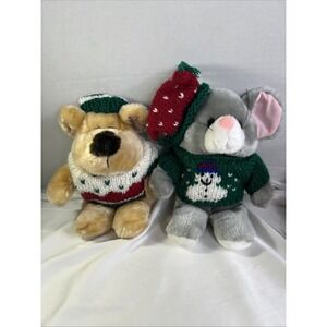 Fine Toy‎ Co Vinatge Christmas Plushies Mouse & Bear With Sweaters 10" Set Of 2